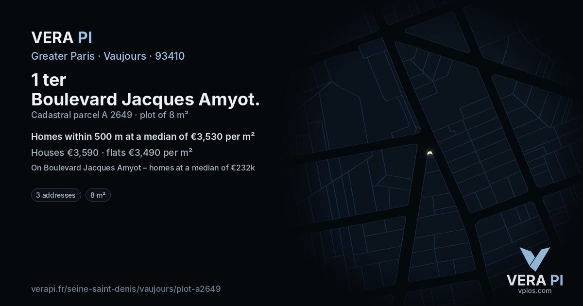 1 ter Boulevard Jacques Amyot, Vaujours at night – the plot lit, the parcels around coloured by the prices near them