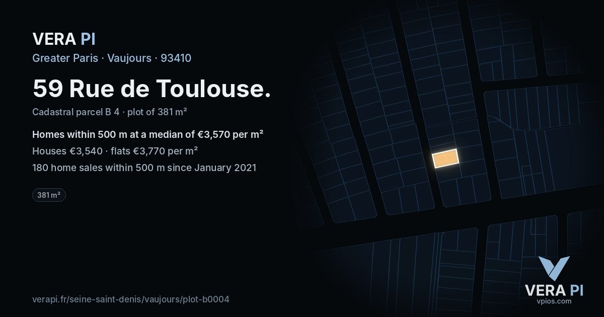 59 Rue de Toulouse, Vaujours at night – the plot lit, the parcels around coloured by the prices near them