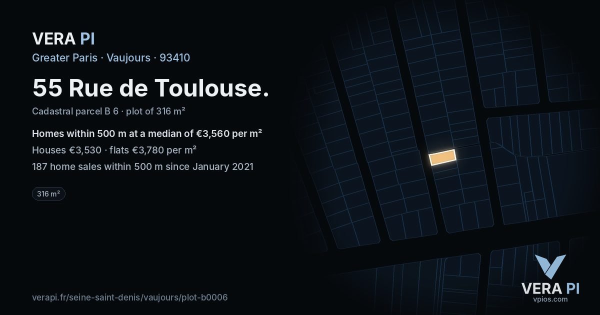 55 Rue de Toulouse, Vaujours at night – the plot lit, the parcels around coloured by the prices near them