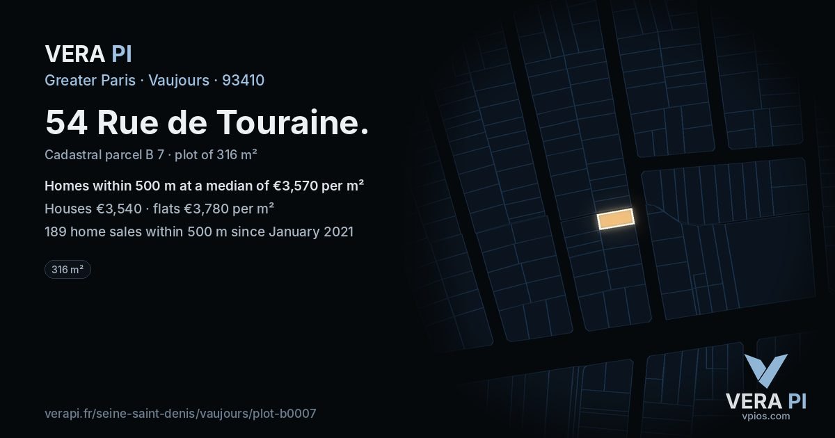 54 Rue de Touraine, Vaujours at night – the plot lit, the parcels around coloured by the prices near them