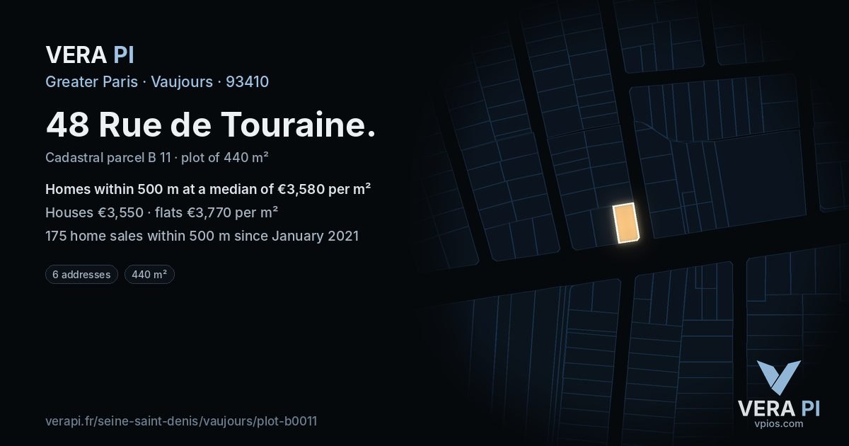 48 Rue de Touraine, Vaujours at night – the plot lit, the parcels around coloured by the prices near them