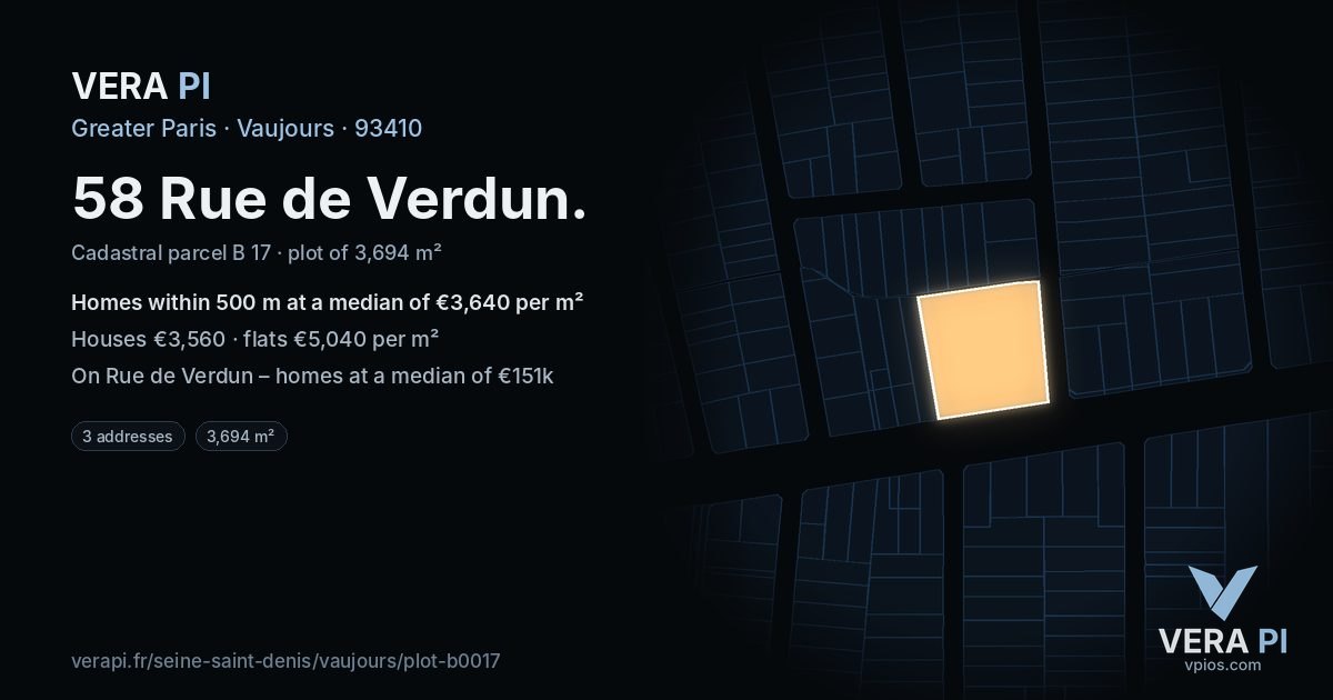 58 Rue de Verdun, Vaujours at night – the plot lit, the parcels around coloured by the prices near them