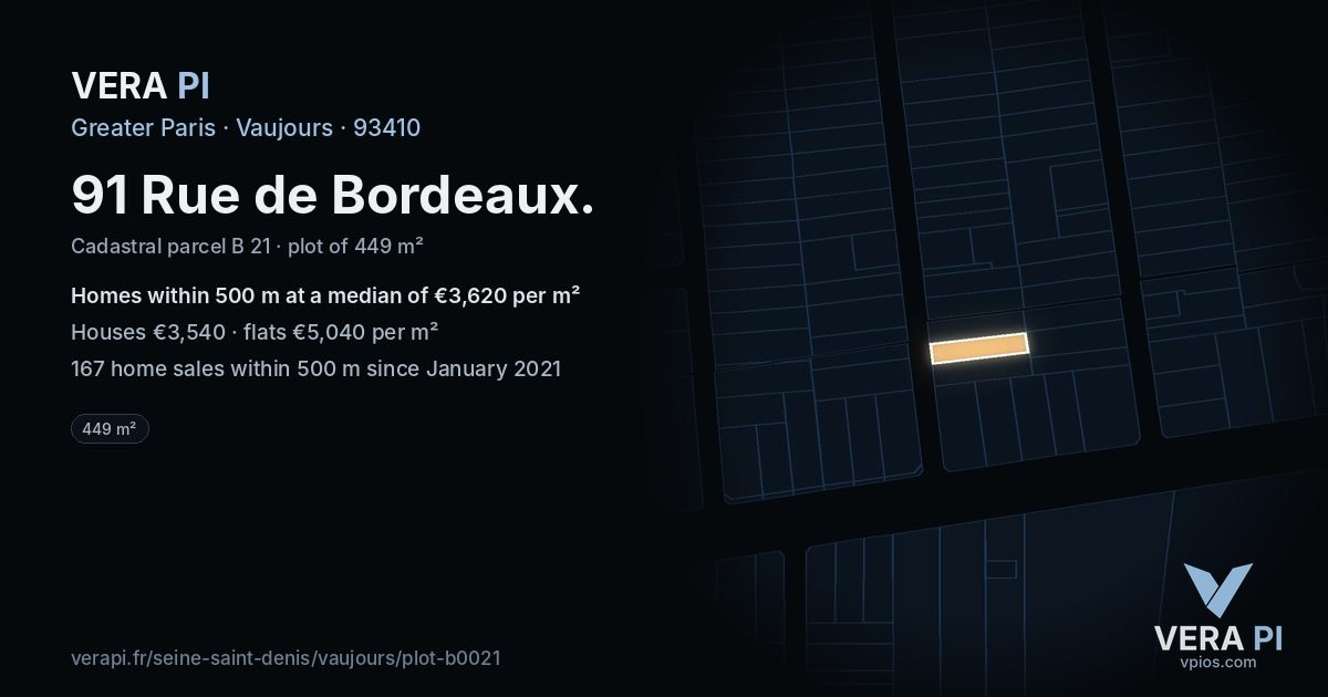 91 Rue de Bordeaux, Vaujours at night – the plot lit, the parcels around coloured by the prices near them
