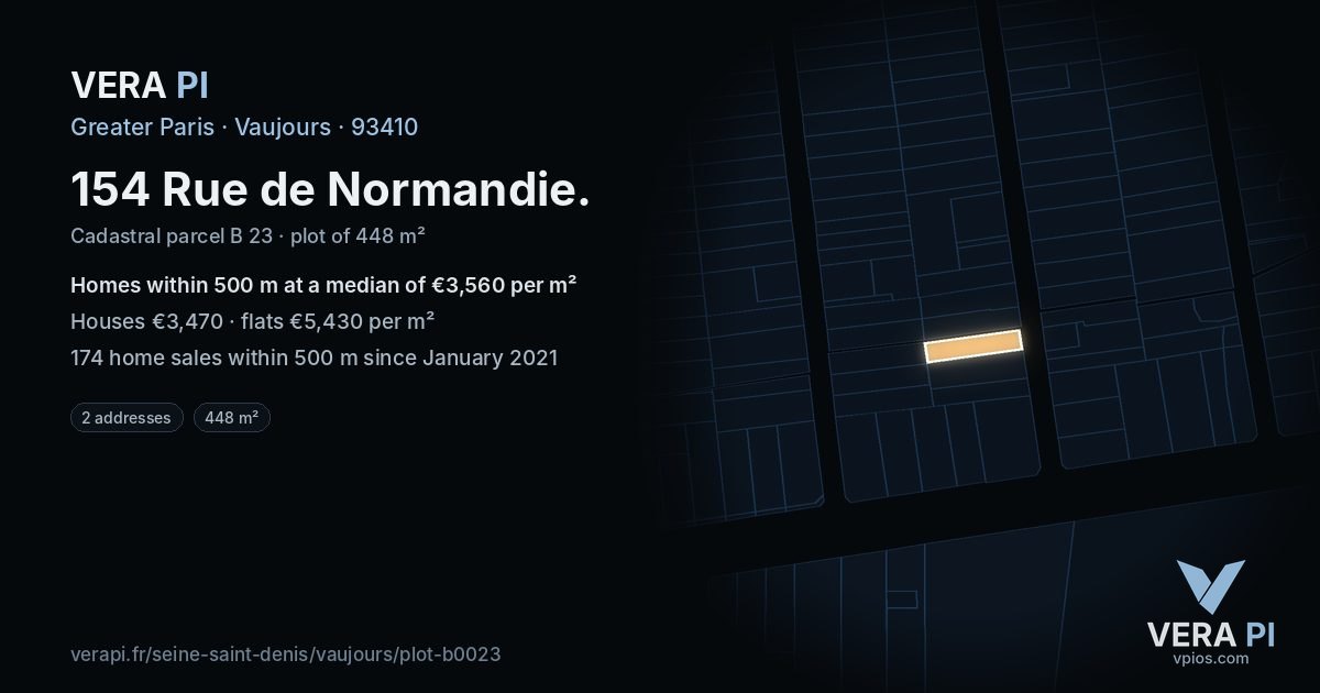 154 Rue de Normandie, Vaujours at night – the plot lit, the parcels around coloured by the prices near them