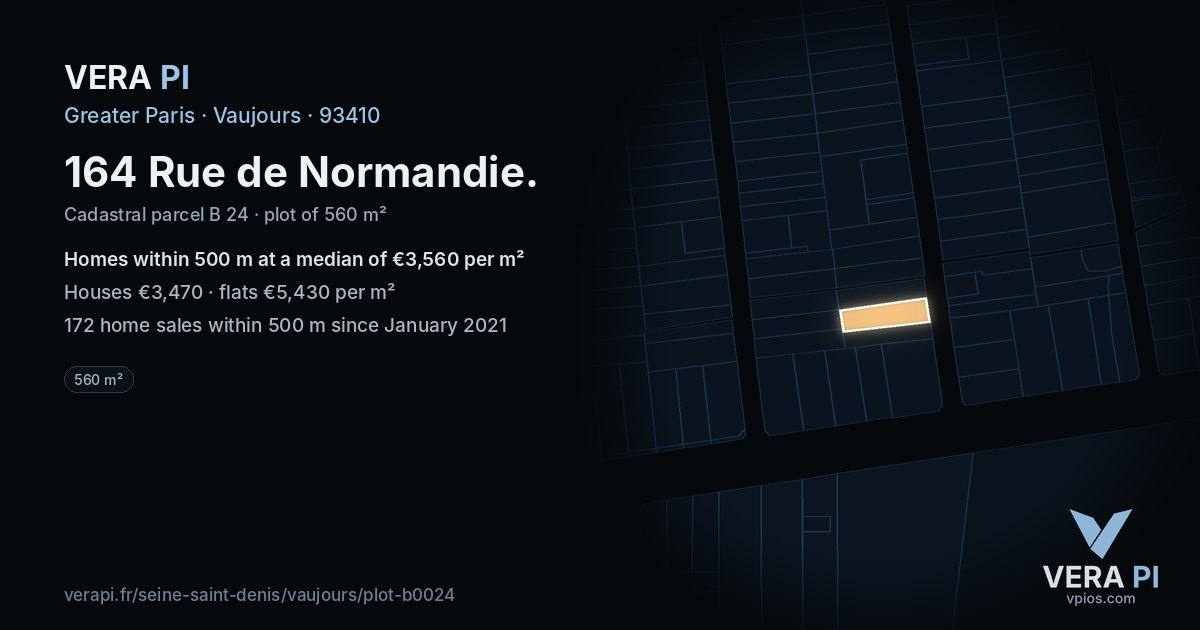 164 Rue de Normandie, Vaujours at night – the plot lit, the parcels around coloured by the prices near them