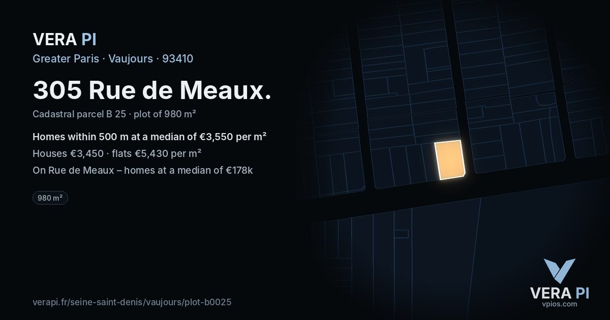 305 Rue de Meaux, Vaujours at night – the plot lit, the parcels around coloured by the prices near them