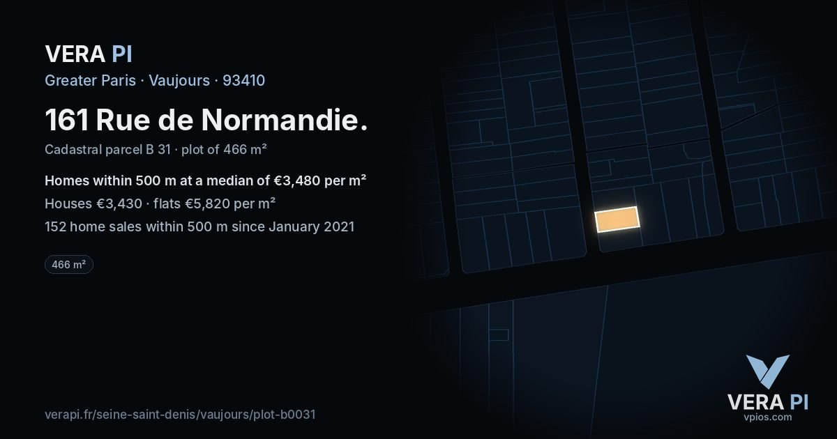 161 Rue de Normandie, Vaujours at night – the plot lit, the parcels around coloured by the prices near them