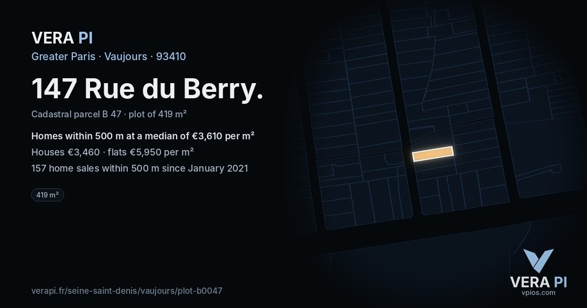 147 Rue du Berry, Vaujours at night – the plot lit, the parcels around coloured by the prices near them