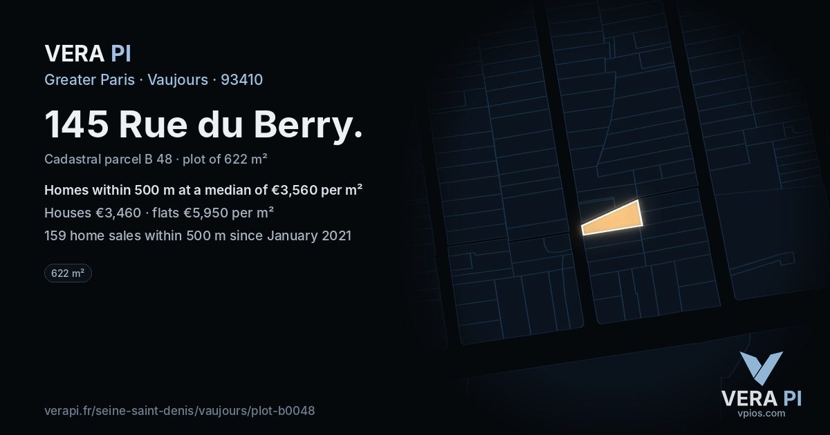 145 Rue du Berry, Vaujours at night – the plot lit, the parcels around coloured by the prices near them