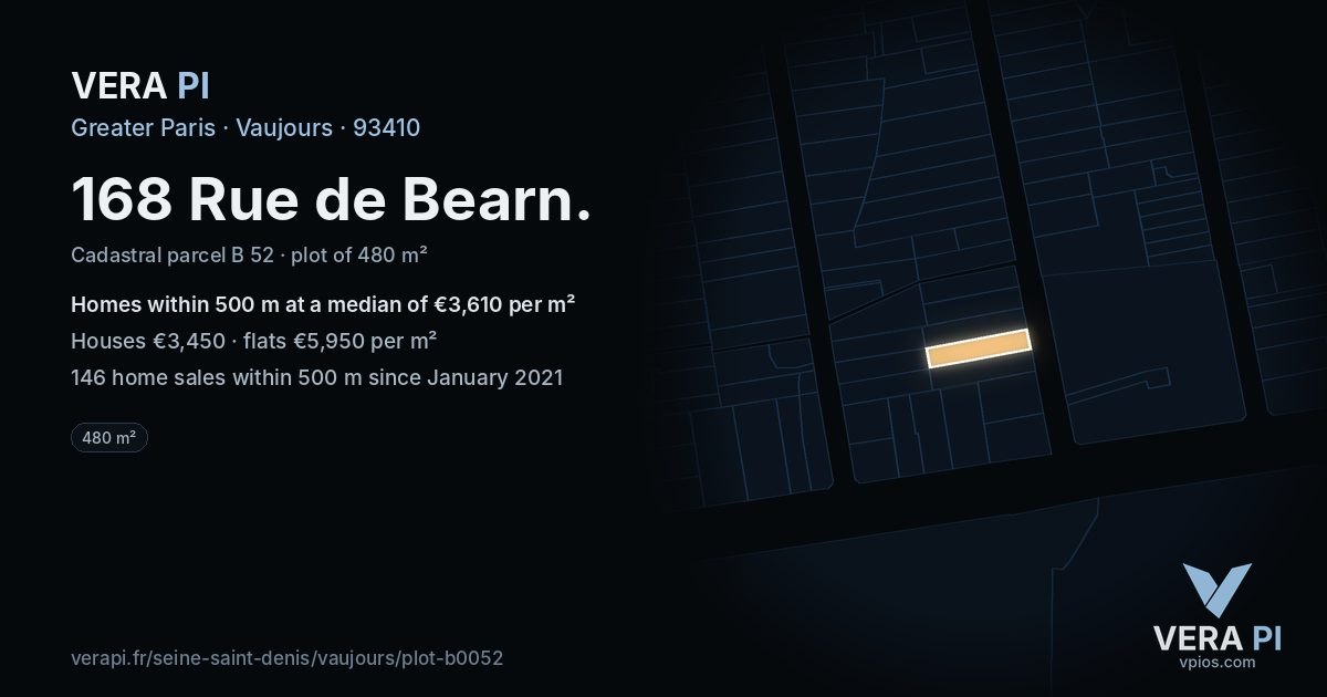 168 Rue de Bearn, Vaujours at night – the plot lit, the parcels around coloured by the prices near them