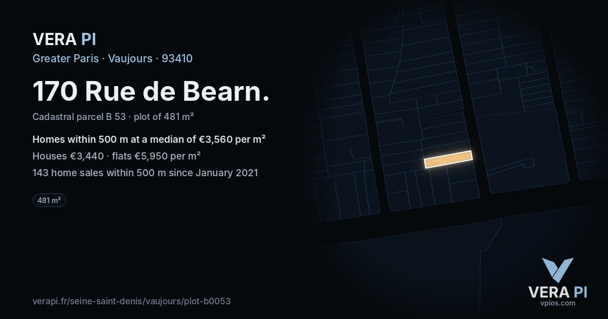 170 Rue de Bearn, Vaujours at night – the plot lit, the parcels around coloured by the prices near them