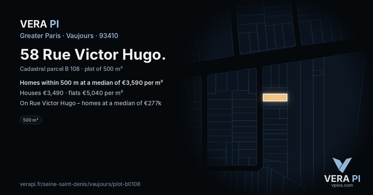 58 Rue Victor Hugo, Vaujours at night – the plot lit, the parcels around coloured by the prices near them