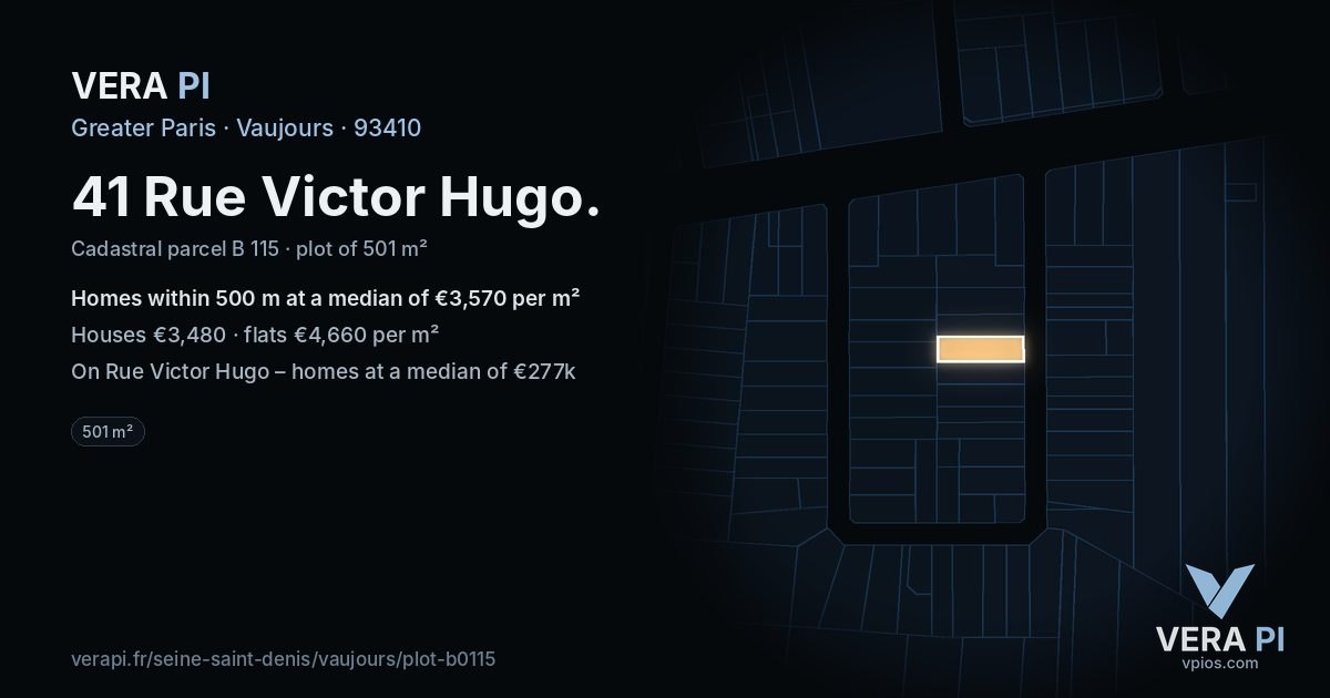 41 Rue Victor Hugo, Vaujours at night – the plot lit, the parcels around coloured by the prices near them