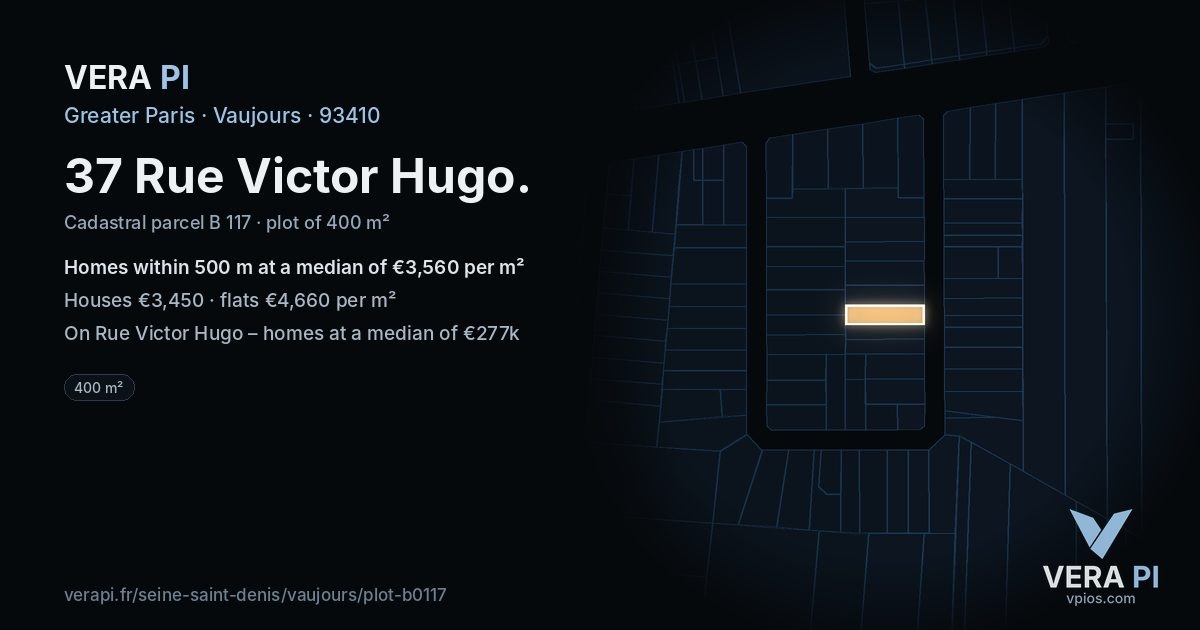 37 Rue Victor Hugo, Vaujours at night – the plot lit, the parcels around coloured by the prices near them