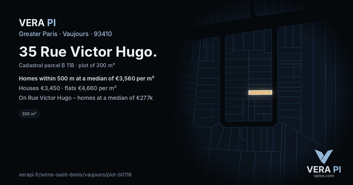 35 Rue Victor Hugo, Vaujours at night – the plot lit, the parcels around coloured by the prices near them