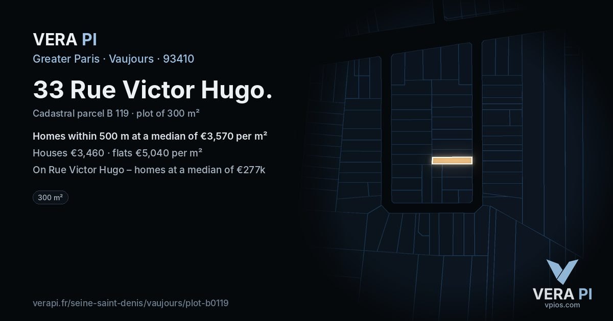 33 Rue Victor Hugo, Vaujours at night – the plot lit, the parcels around coloured by the prices near them