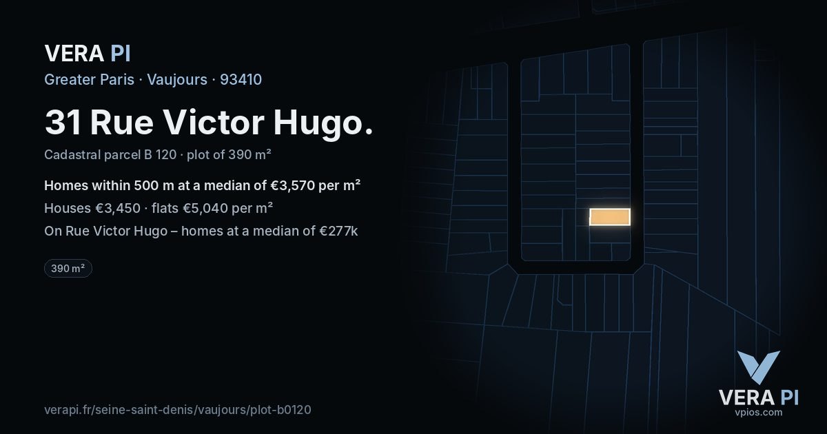31 Rue Victor Hugo, Vaujours at night – the plot lit, the parcels around coloured by the prices near them