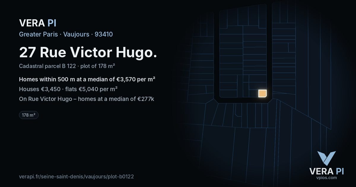 27 Rue Victor Hugo, Vaujours at night – the plot lit, the parcels around coloured by the prices near them