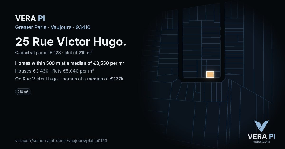 25 Rue Victor Hugo, Vaujours at night – the plot lit, the parcels around coloured by the prices near them