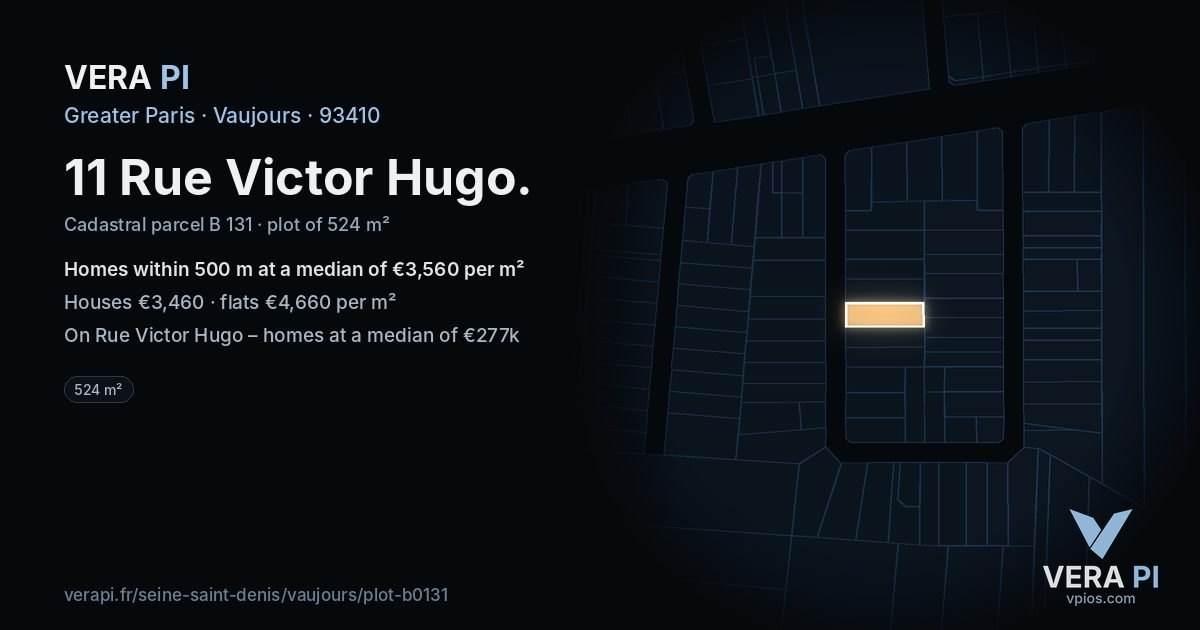 11 Rue Victor Hugo, Vaujours at night – the plot lit, the parcels around coloured by the prices near them