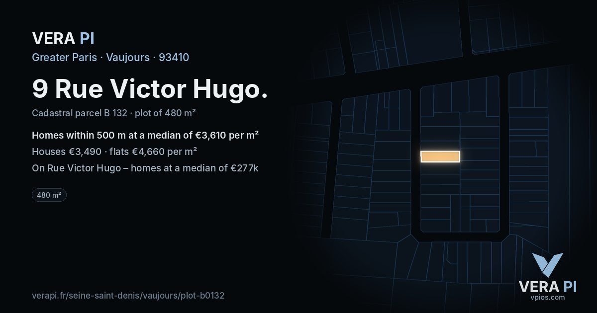 9 Rue Victor Hugo, Vaujours at night – the plot lit, the parcels around coloured by the prices near them