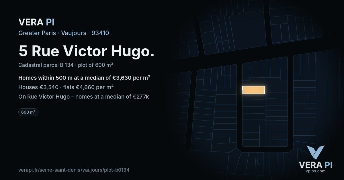 5 Rue Victor Hugo, Vaujours at night – the plot lit, the parcels around coloured by the prices near them