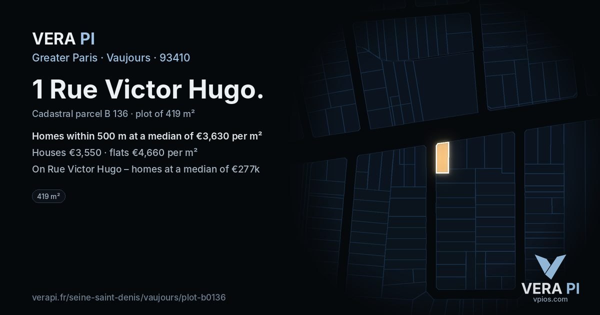 1 Rue Victor Hugo, Vaujours at night – the plot lit, the parcels around coloured by the prices near them