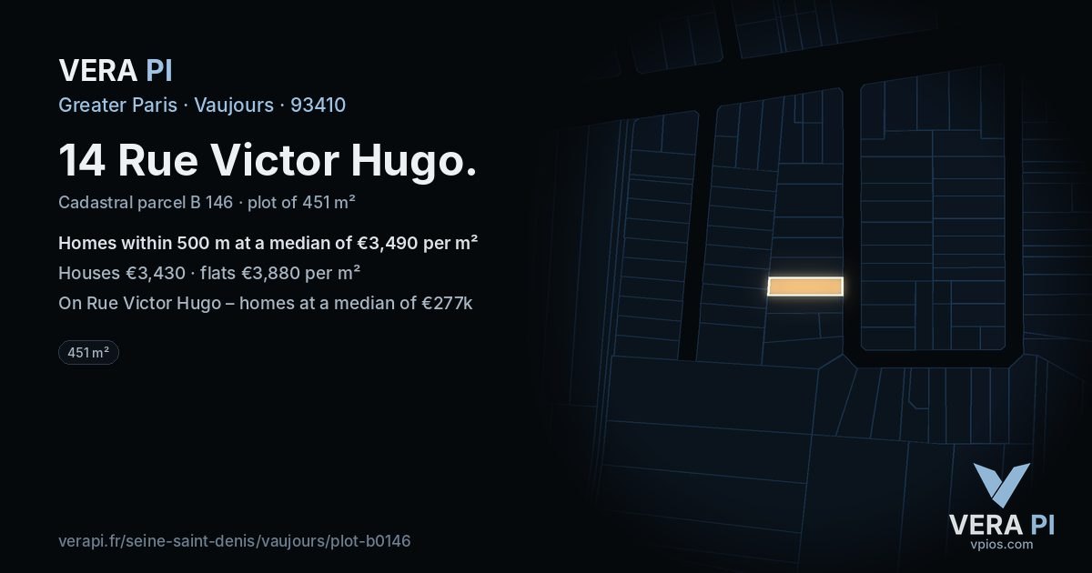 14 Rue Victor Hugo, Vaujours at night – the plot lit, the parcels around coloured by the prices near them