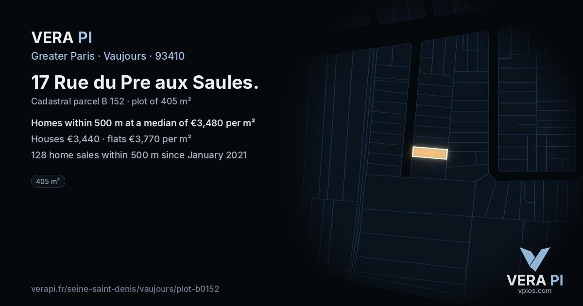 17 Rue du Pre aux Saules, Vaujours at night – the plot lit, the parcels around coloured by the prices near them
