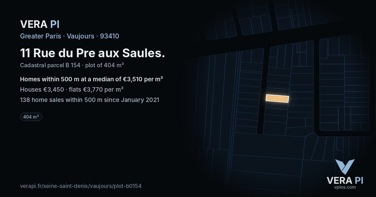 11 Rue du Pre aux Saules, Vaujours at night – the plot lit, the parcels around coloured by the prices near them
