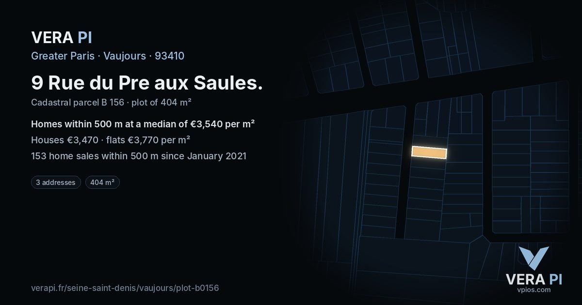 9 Rue du Pre aux Saules, Vaujours at night – the plot lit, the parcels around coloured by the prices near them