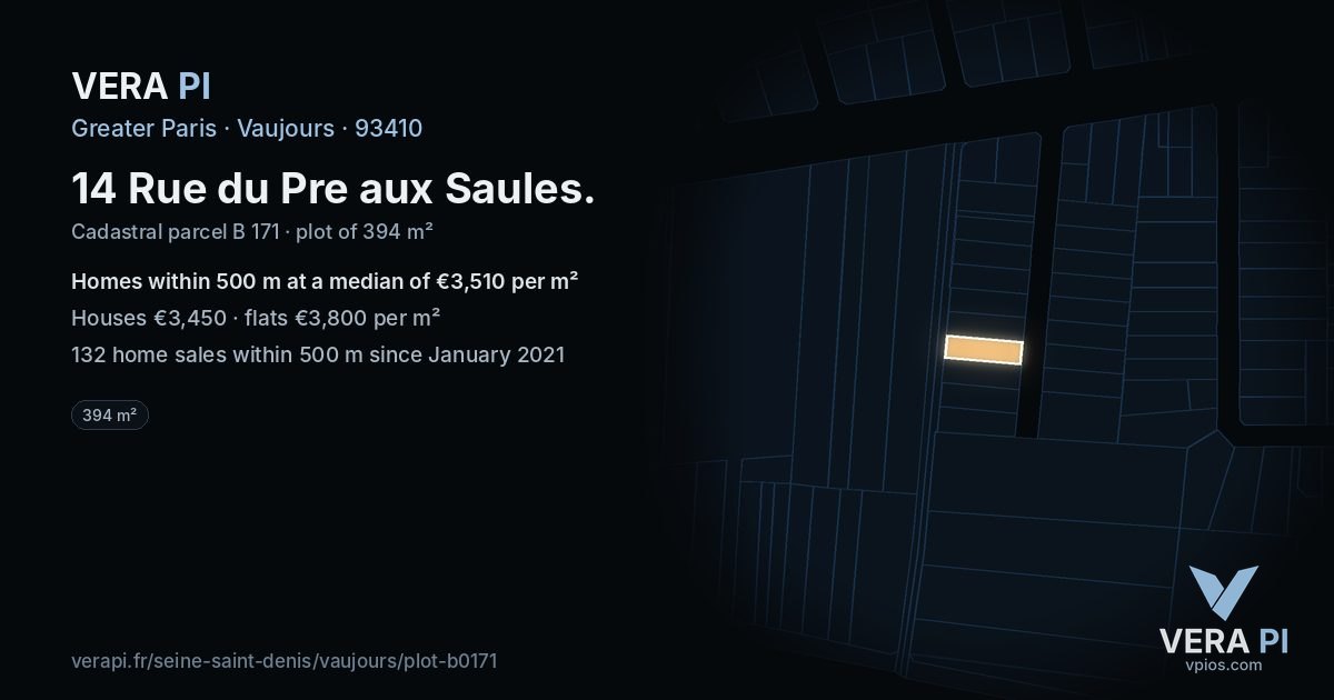 14 Rue du Pre aux Saules, Vaujours at night – the plot lit, the parcels around coloured by the prices near them