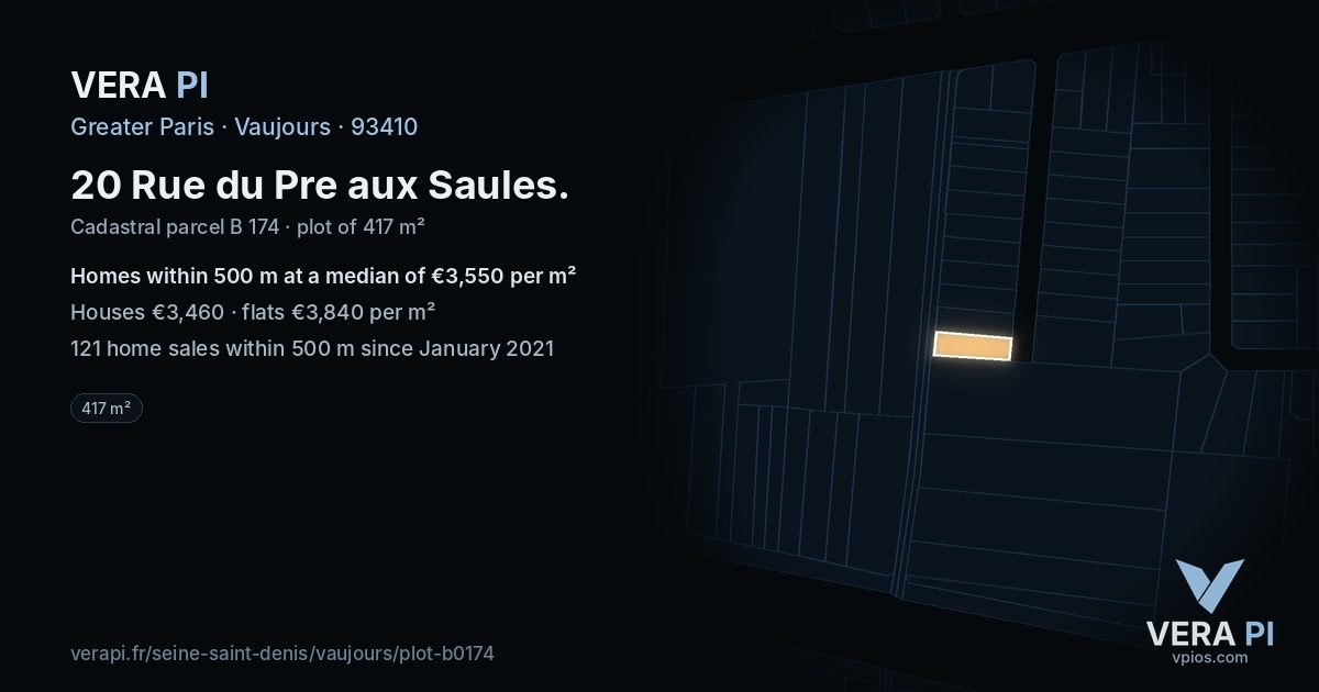 20 Rue du Pre aux Saules, Vaujours at night – the plot lit, the parcels around coloured by the prices near them