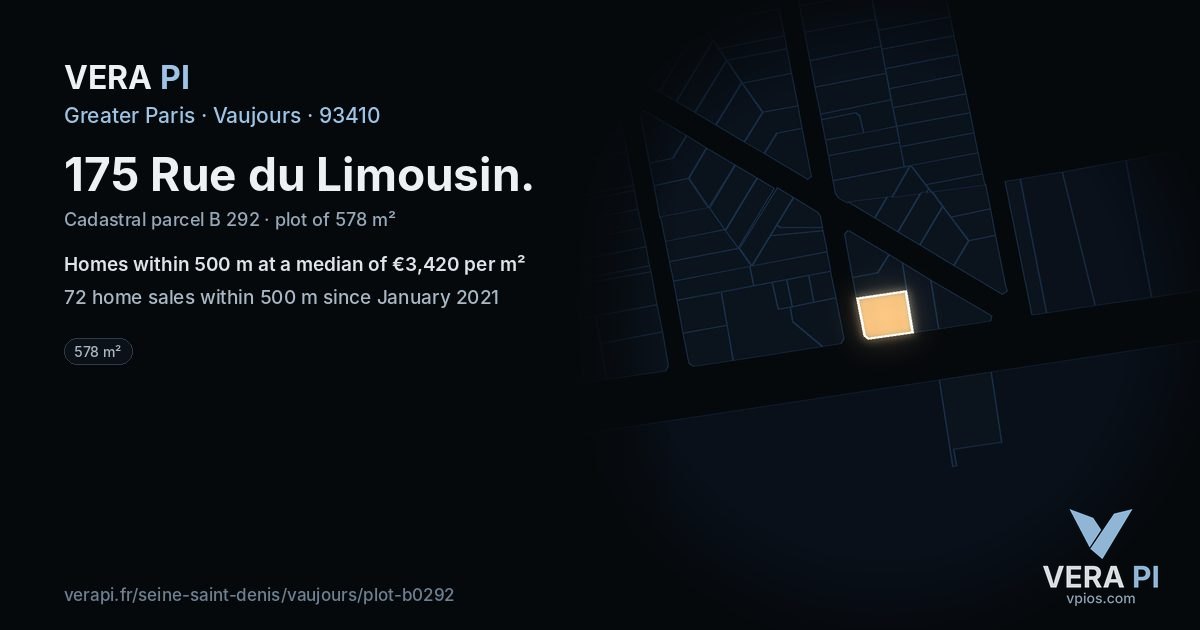 175 Rue du Limousin, Vaujours at night – the plot lit, the parcels around coloured by the prices near them
