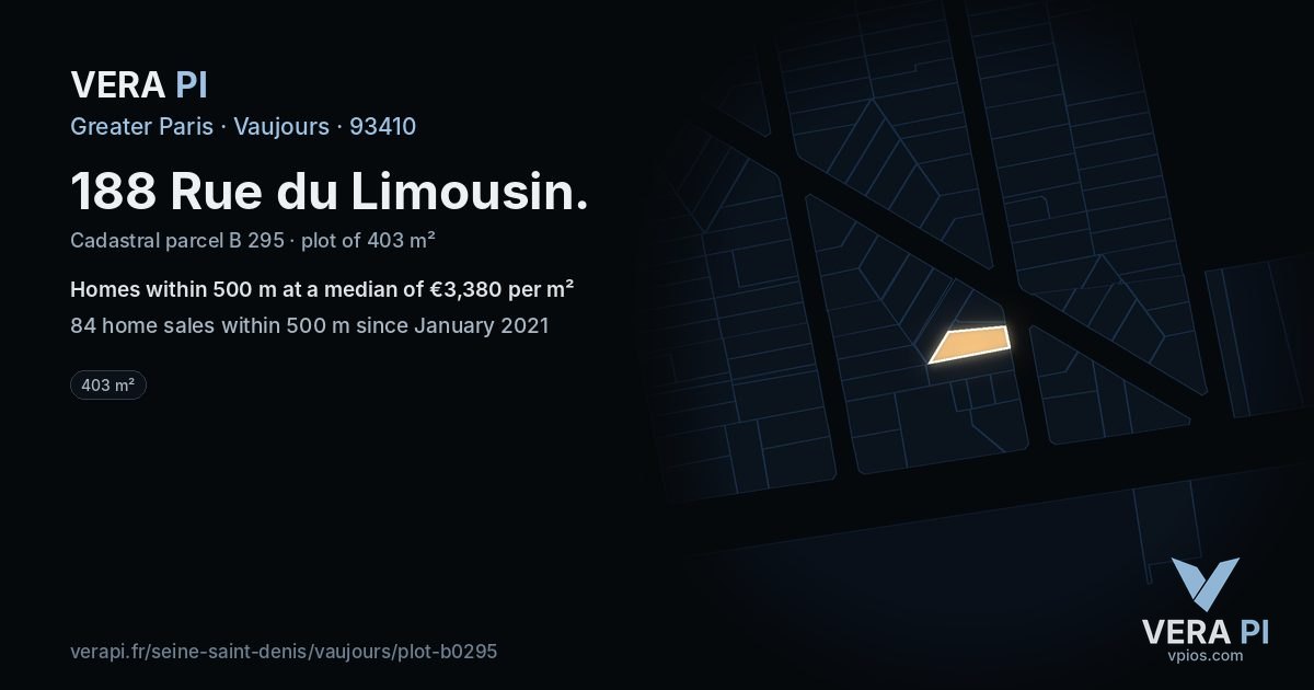 188 Rue du Limousin, Vaujours at night – the plot lit, the parcels around coloured by the prices near them