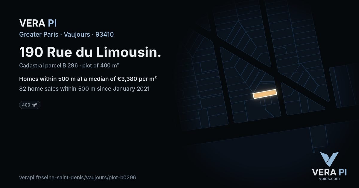 190 Rue du Limousin, Vaujours at night – the plot lit, the parcels around coloured by the prices near them