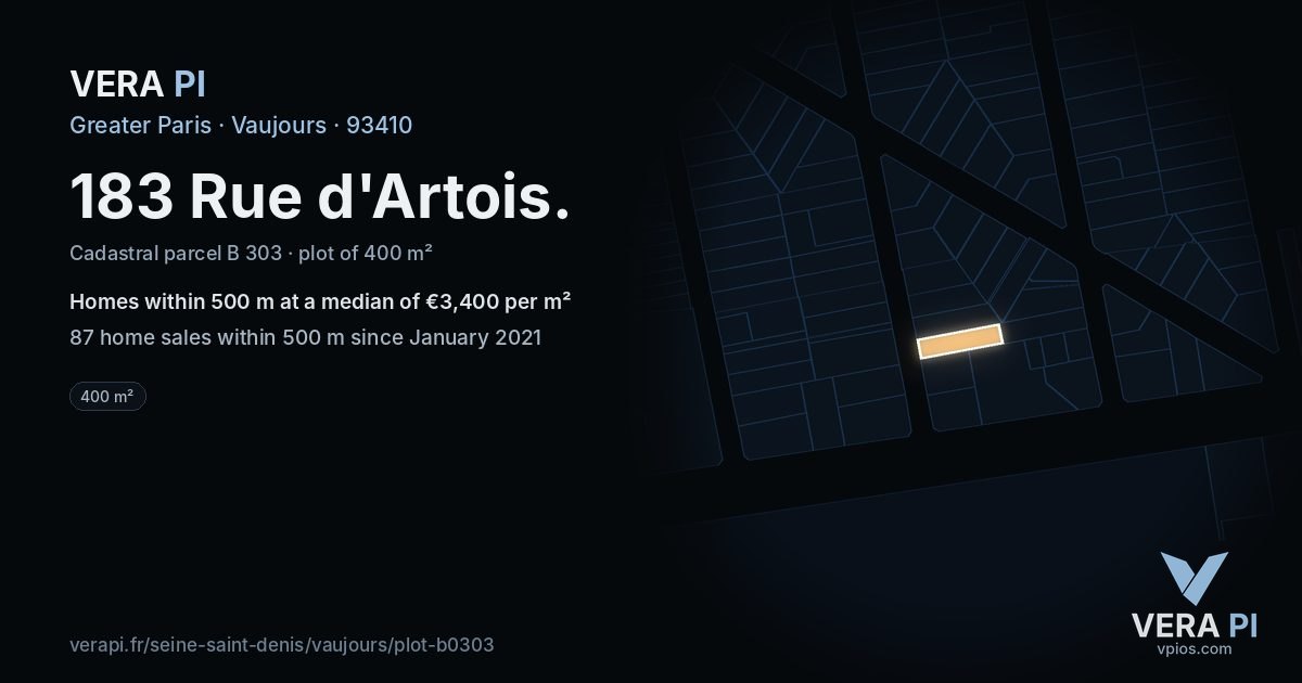 183 Rue d'Artois, Vaujours at night – the plot lit, the parcels around coloured by the prices near them