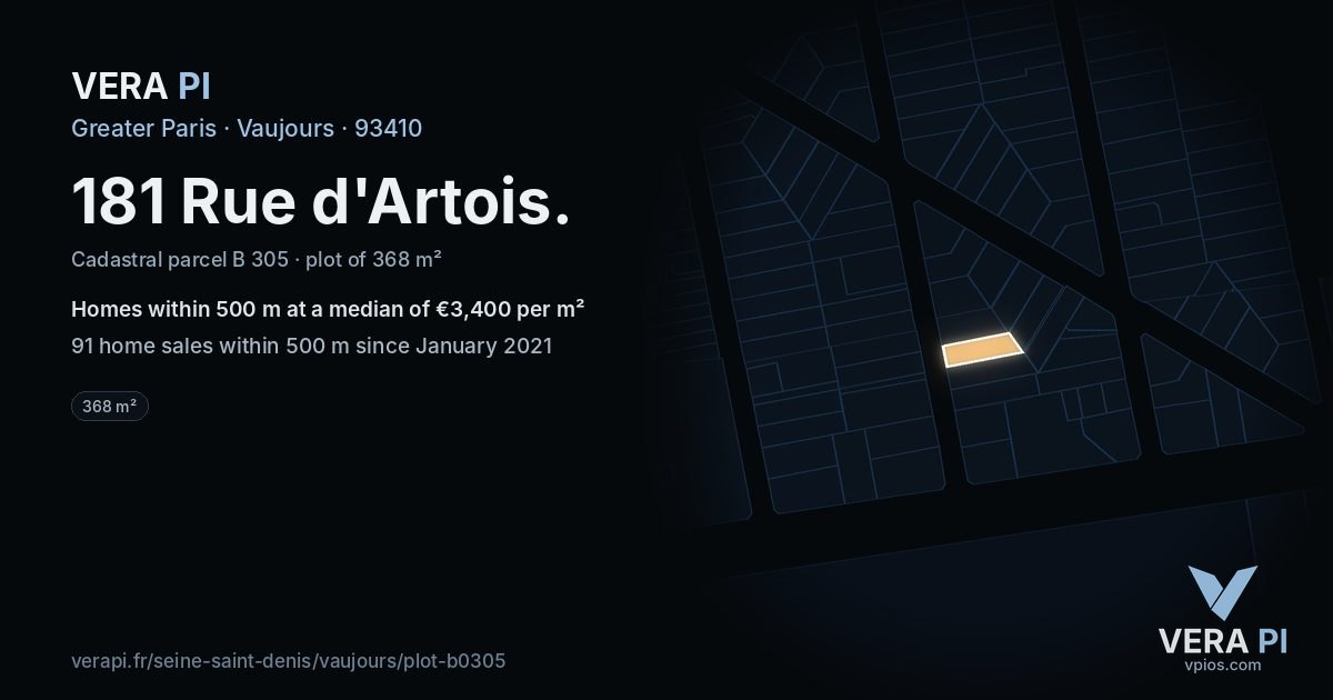 181 Rue d'Artois, Vaujours at night – the plot lit, the parcels around coloured by the prices near them