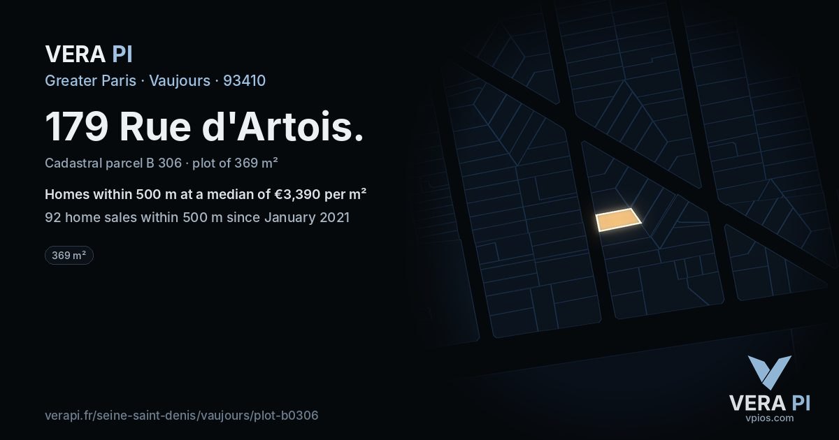 179 Rue d'Artois, Vaujours at night – the plot lit, the parcels around coloured by the prices near them