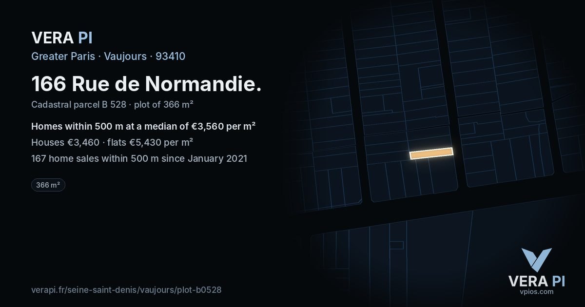 166 Rue de Normandie, Vaujours at night – the plot lit, the parcels around coloured by the prices near them