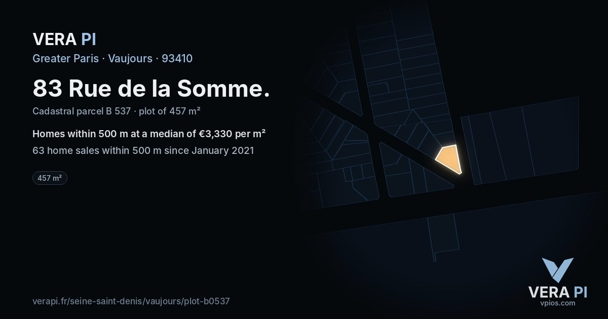 83 Rue de la Somme, Vaujours at night – the plot lit, the parcels around coloured by the prices near them