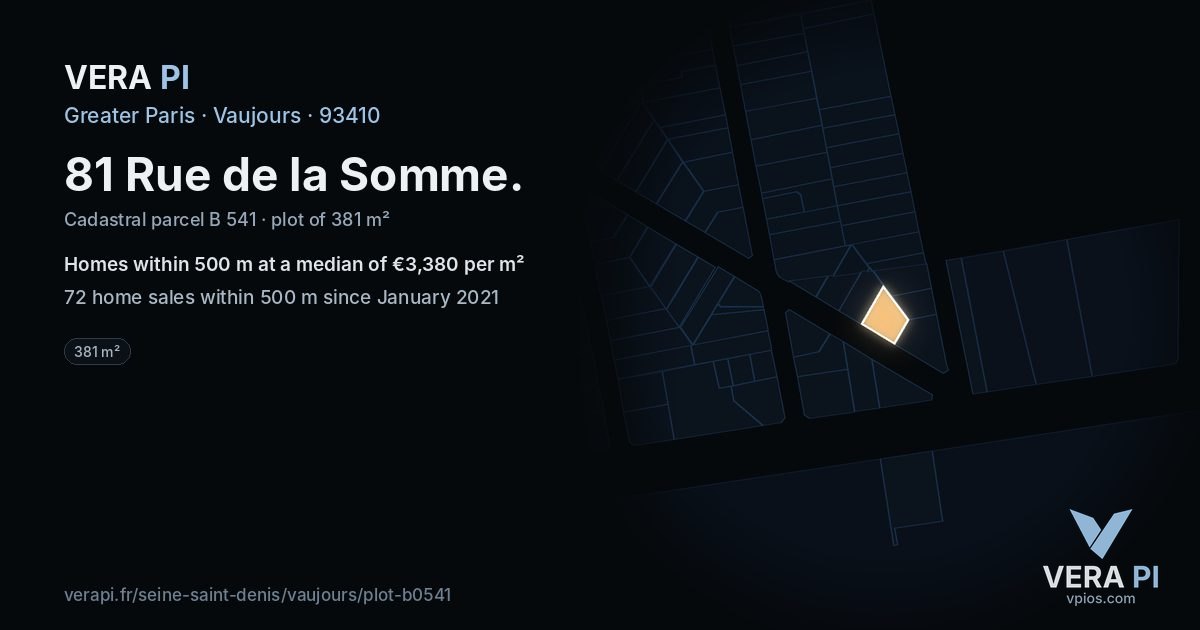 81 Rue de la Somme, Vaujours at night – the plot lit, the parcels around coloured by the prices near them
