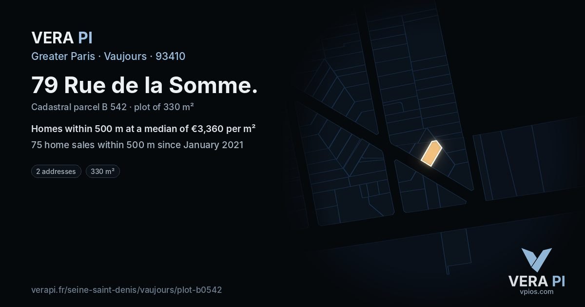 79 Rue de la Somme, Vaujours at night – the plot lit, the parcels around coloured by the prices near them