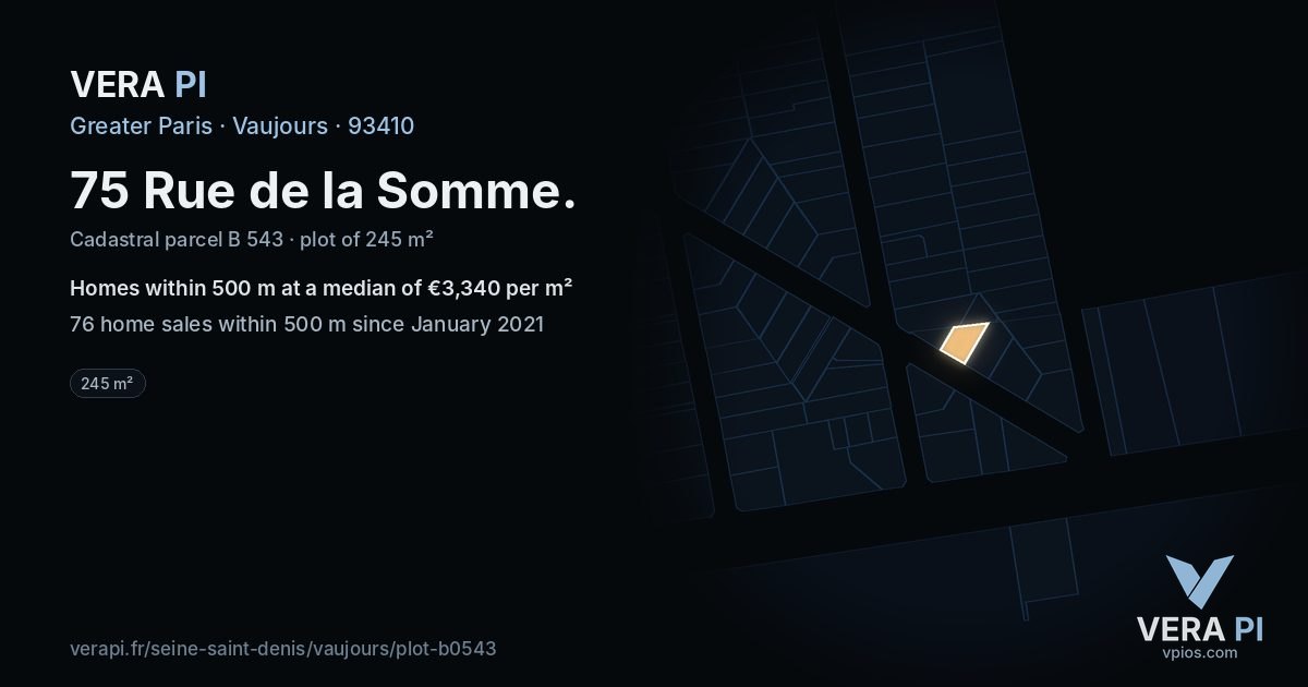 75 Rue de la Somme, Vaujours at night – the plot lit, the parcels around coloured by the prices near them