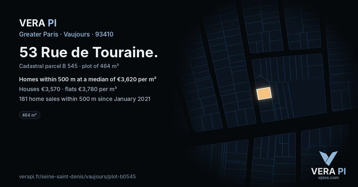 53 Rue de Touraine, Vaujours at night – the plot lit, the parcels around coloured by the prices near them