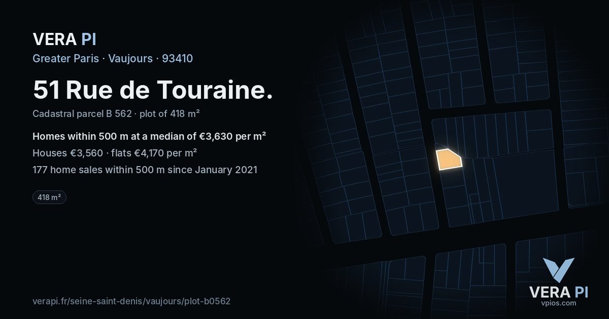 51 Rue de Touraine, Vaujours at night – the plot lit, the parcels around coloured by the prices near them