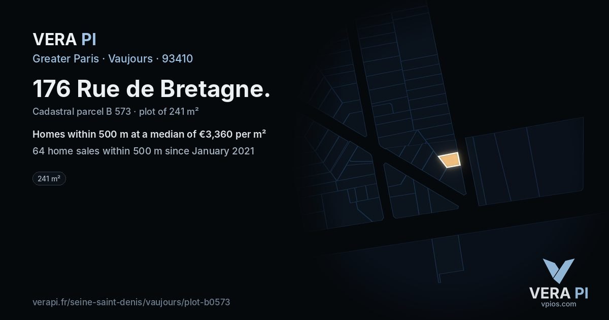 176 Rue de Bretagne, Vaujours at night – the plot lit, the parcels around coloured by the prices near them