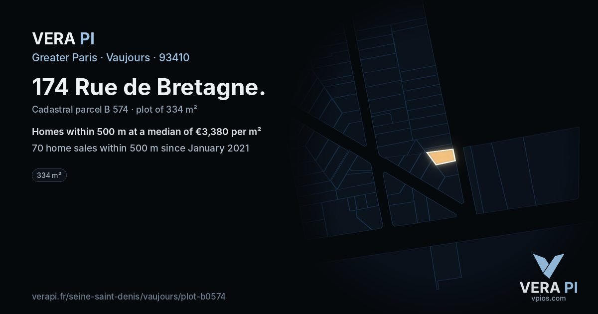 174 Rue de Bretagne, Vaujours at night – the plot lit, the parcels around coloured by the prices near them