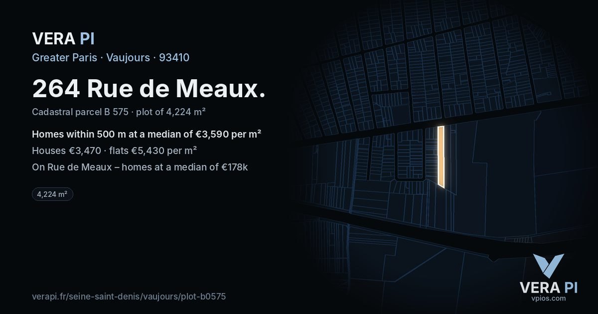 264 Rue de Meaux, Vaujours at night – the plot lit, the parcels around coloured by the prices near them