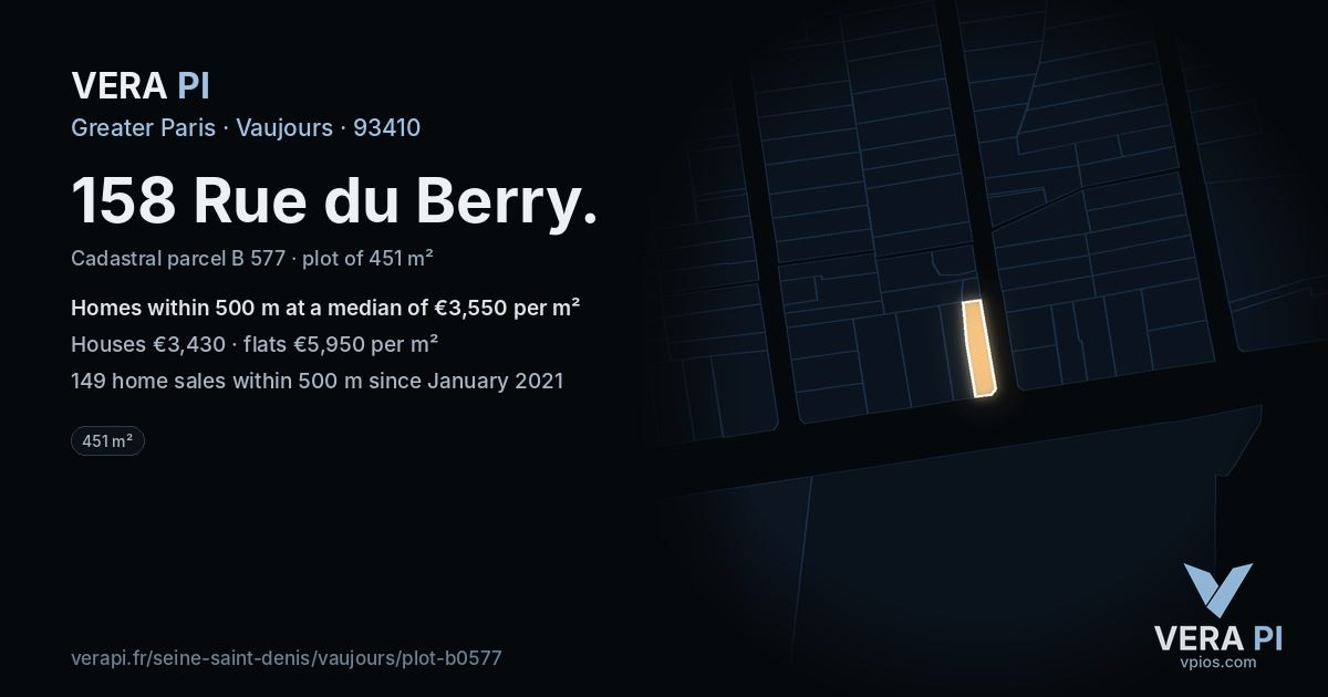 158 Rue du Berry, Vaujours at night – the plot lit, the parcels around coloured by the prices near them